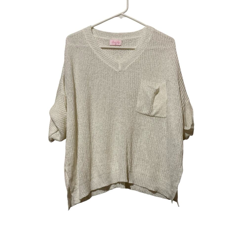 Pink Lily Oversized Medium Cream Shirt Sleeve Cable-Knit Sweater Boho Loose Knit